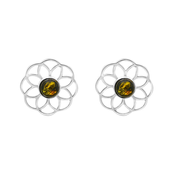 Sterling Silver Amber Flower Stud Earrings, E2422.