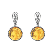 Sterling Silver Amber Round Flower Edge Drop Earrings E1557