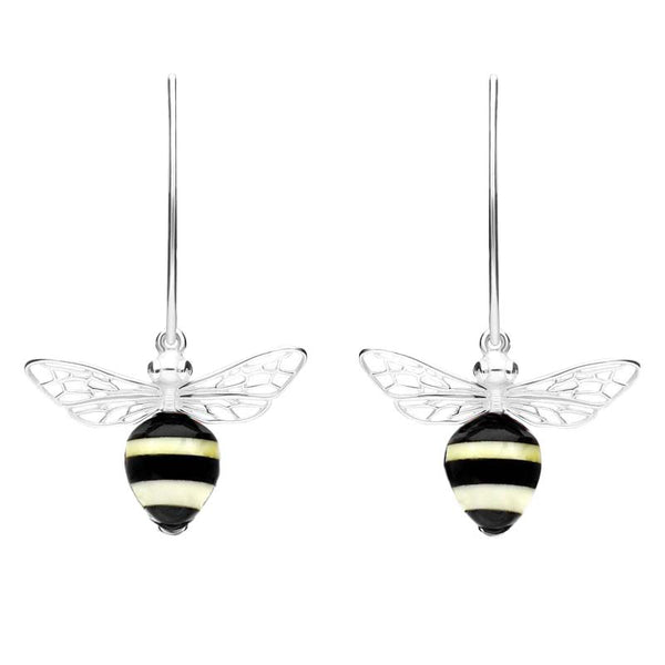 Sterling Silver Amber Whitby Jet Bee Small Hook Earrings, E2438.