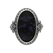 Sterling Silver Blue John Marcasite Frame Large Oval Ring