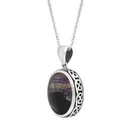 Sterling Silver Blue John Whitby Jet Celtic Double Sided Oval Fob Necklace