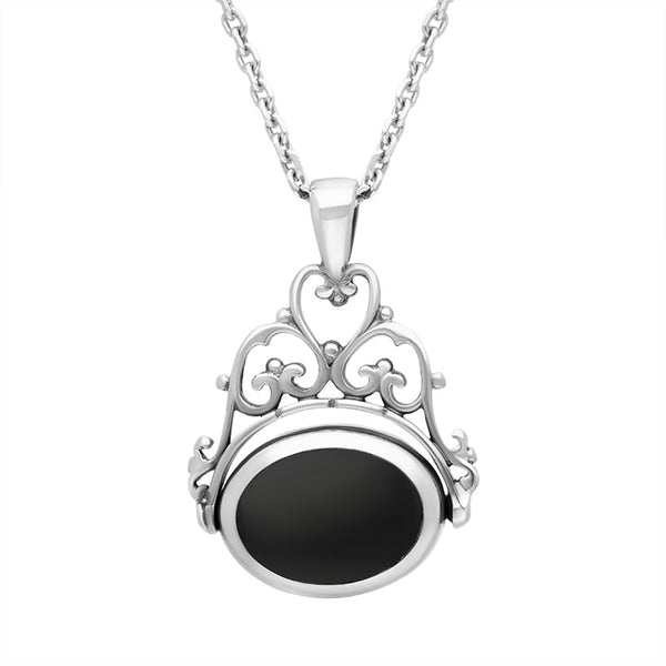 Sterling Silver Blue John Whitby Jet Ornate Double Sided Oval Swivel Fob Necklace, P110_4.