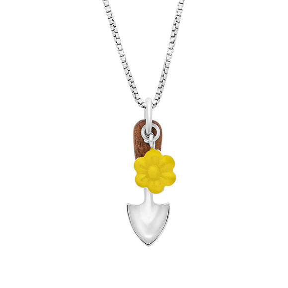 Sterling Silver Chatsworth Garden Yellow Flower Wooden Handle Garden Trowel Pendant, P3663