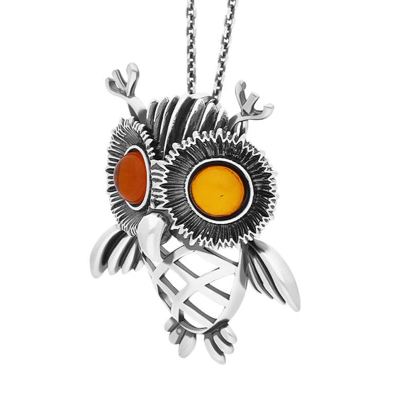 Sterling Silver Large Amber Owl Necklace
