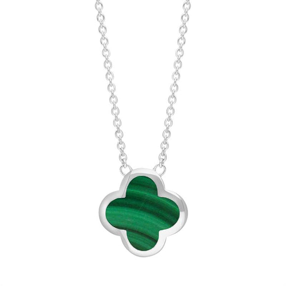 Sterling Silver Malachite Bloom Large Four Leaf Clover Polished Edge Pendant
