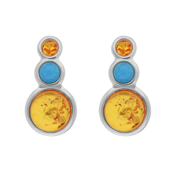 Sterling Silver Three Stone Round Graduated Amber Turquoise Stud Earrings