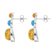 Sterling Silver Three Stone Round Graduated Amber Turquoise Stud Earrings