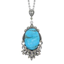Sterling Silver Turquoise Marcasite Edge Oval Flower Large Necklace, P2212