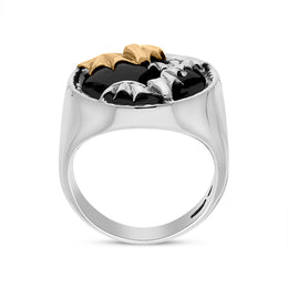Sterling Silver Whitby Jet 9ct Yellow Gold Bat Round Ring