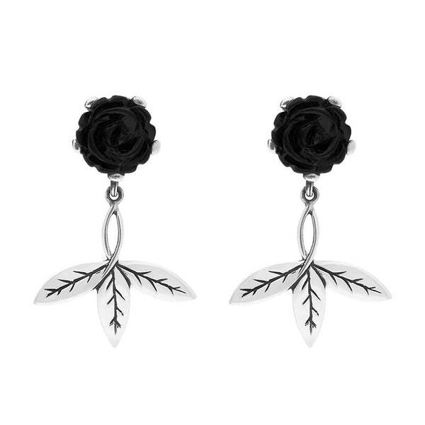 Sterling Silver Whitby Jet Rose Tri Leaf Drop Earrings, E1586