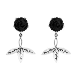 Sterling Silver Whitby Jet Rose Tri Leaf Drop Earrings, E1586