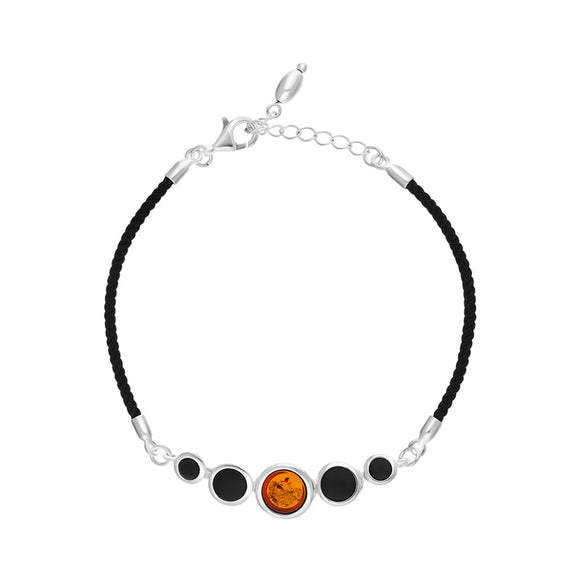 Sterling Silver Whitby Jet Amber 5 Stone Rope Bracelet, D0095B-3