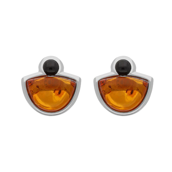 Sterling Silver Whitby Jet Amber Half Moon Round Stud Earrings