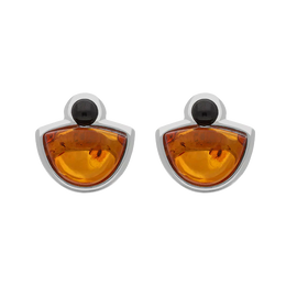 Sterling Silver Whitby Jet Amber Half Moon Round Stud Earrings