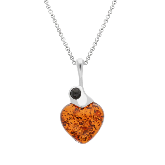Sterling Silver Whitby Jet Amber Heart Necklace, P3557.
