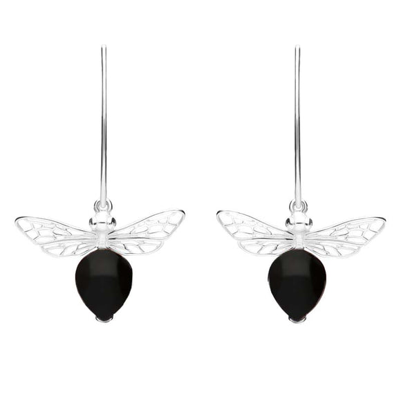 Sterling Silver Whitby Jet Bee Small Hook Earrings, E2438.