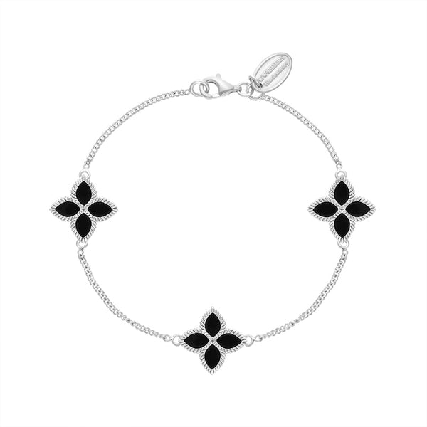 Sterling Silver Whitby Jet Bloom Flower Ball Edge Bracelet B1272
