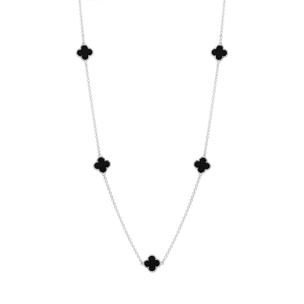 Sterling Silver Whitby Jet Bloom Four Leaf Clover Ball Edge Necklace, N1154