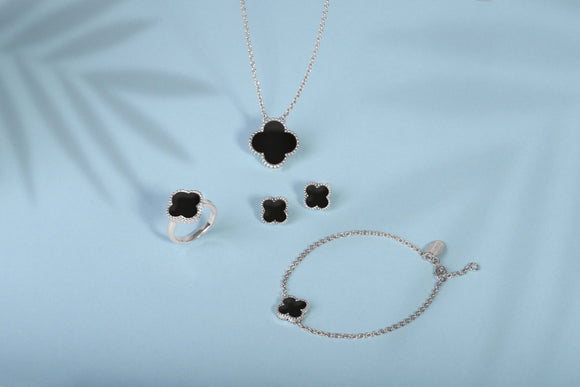 Sterling Silver Whitby Jet Bloom Four Leaf Clover Ball Edge Ring, R1264