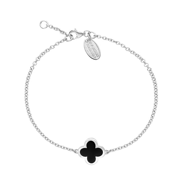 Sterling Silver Whitby Jet Bloom Four Leaf Clover Polished Edge Bracelet, B1270
