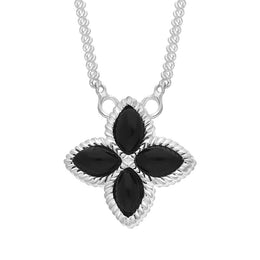 Sterling Silver Whitby Jet Bloom Small Flower Ball Edge Necklace N1155