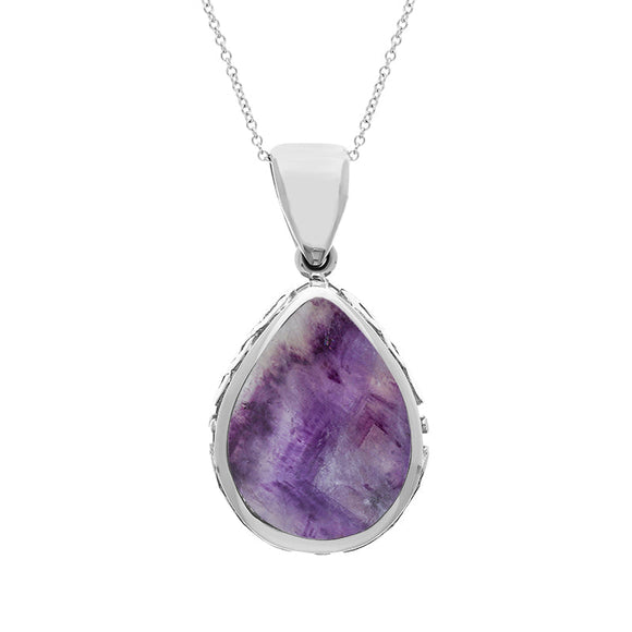 Sterling Silver Whitby Jet Blue John Double Sided Celtic Edge Pear Cut Fob Necklace, P410_2.