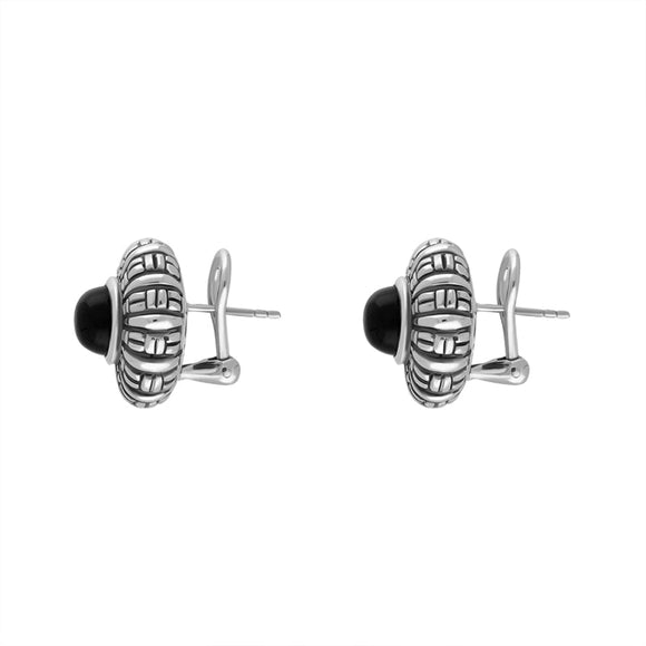 Sterling Silver Whitby Jet Chunky Pattern Edge Omega Clip Earrings D