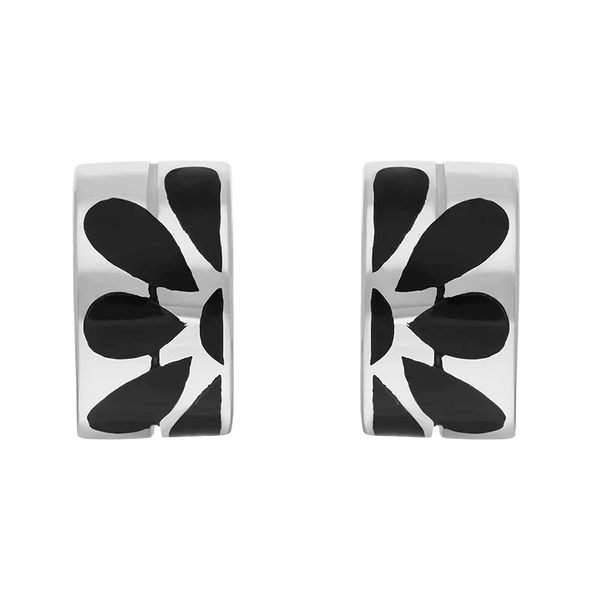 Sterling Silver Whitby Jet Flower Inlaid Wavy Open Hoop Stud Earrings E898
