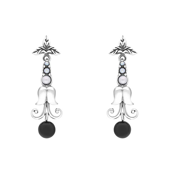Sterling Silver Whitby Jet Freshwater Pearl Scrollwork Drop Earrings, E1593