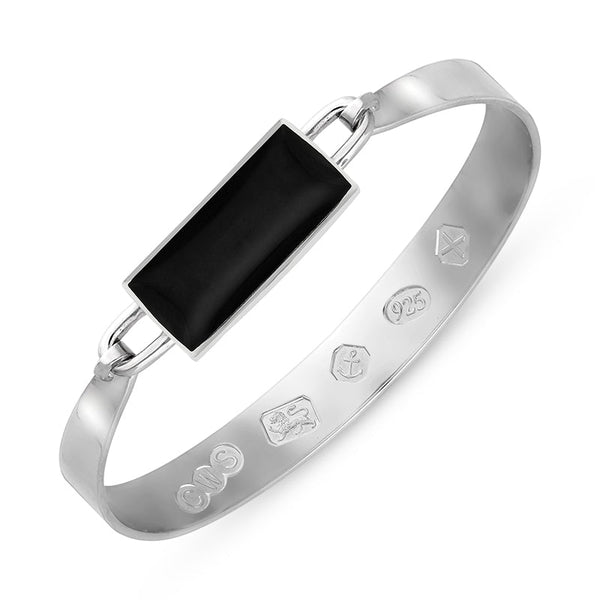 Sterling Silver Whitby Jet Hallmark Wide Oblong Bangle, B030_FH