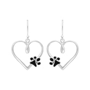 Sterling Silver Whitby Jet Heart Paw Print Earrings  E2586