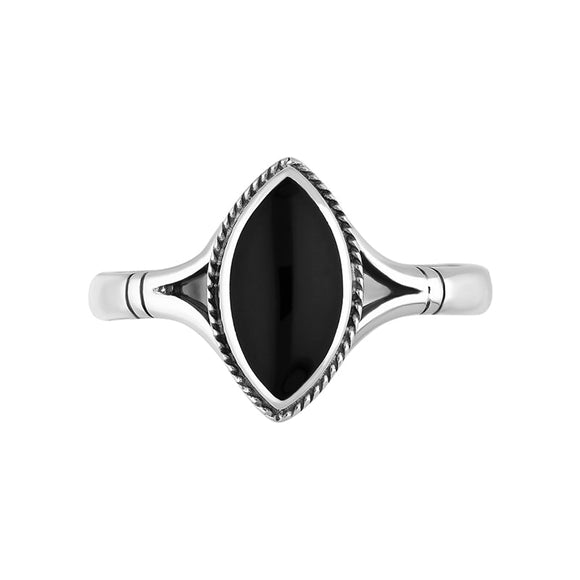 Sterling Silver Whitby Jet Marquise Shaped Rope Detail Ring, R027_2.