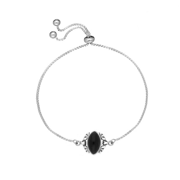Sterling Silver Whitby Jet Marquise Stone Bat Adjustable Bracelet B1262