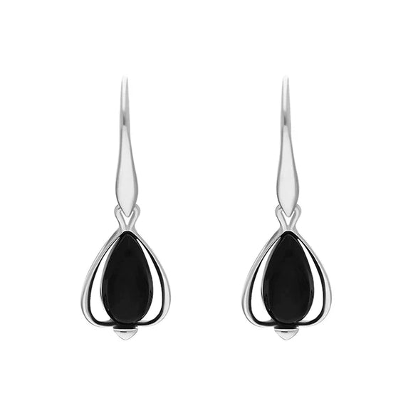 Sterling Silver Whitby Jet Open Side Pear Drop Earrings, E1654