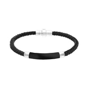 Sterling Silver Whitby Jet Plaited Leather Bar Bracelet