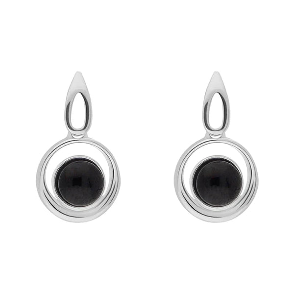 Sterling Silver Whitby Jet Round Swirl Drop Earrings E2564