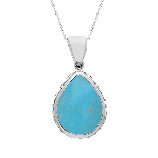 Sterling Silver Whitby Jet Turquoise Double Sided Celtic Edge Pear Cut Fob Necklace, P410.