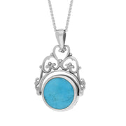 Sterling Silver Whitby Jet Turquoise Double Sided Round Swivel Fob Necklace, P110_2_3.