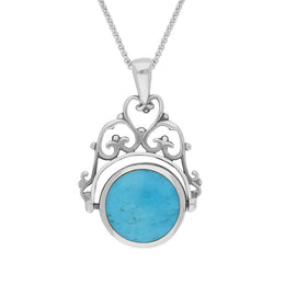 Sterling Silver Whitby Jet Turquoise Double Sided Round Swivel Fob Necklace, P110_2.
