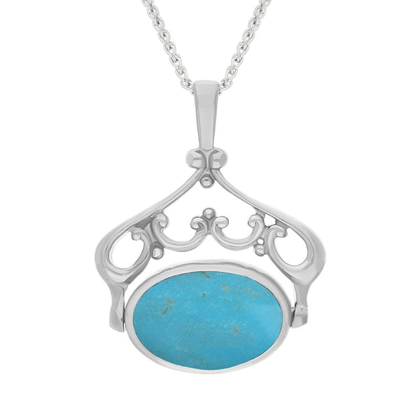 Sterling Silver Whitby Jet Turquoise Ornate Double Sided Oval Swivel Fob Necklace, P116_8.