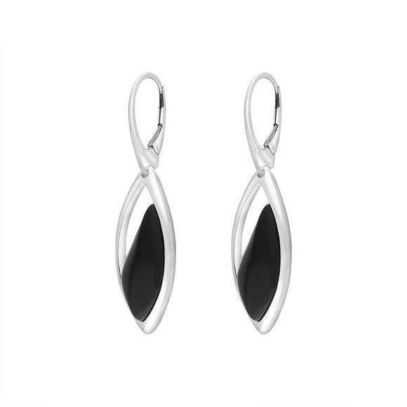 Sterling Silver Whitby Jet Wavy Marquise Open Drop Earrings