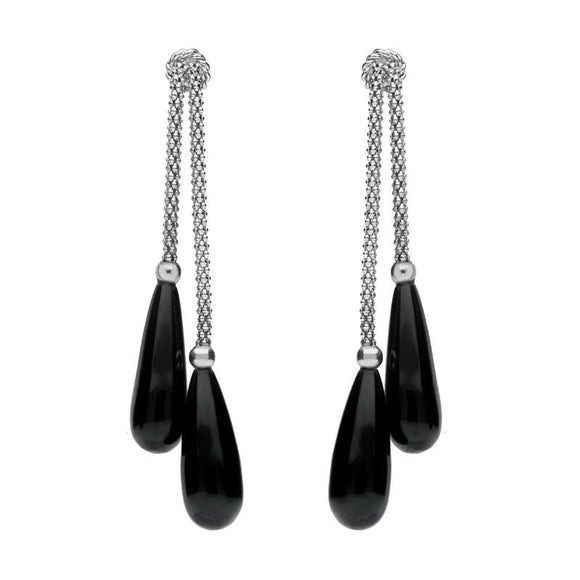 00074007 C W Sellors Sterling Silver Whitby Jet Two Stone Knot Drop Earrings, E1512.