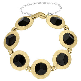 00088742 Sterling Silver Yellow Gold Vermeil Whitby Jet Satin Disc Link Bracelet, B641