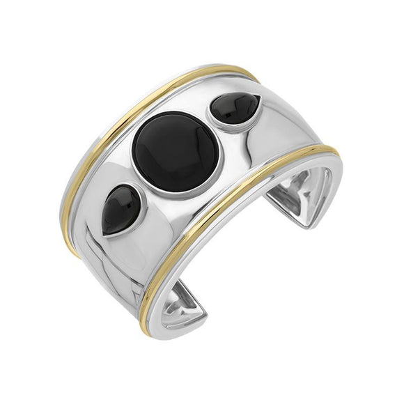 00099394 Sterling Silver 18ct Yellow Gold Whitby Jet Oval Pear Stone Wide Cuff Bangle, B894