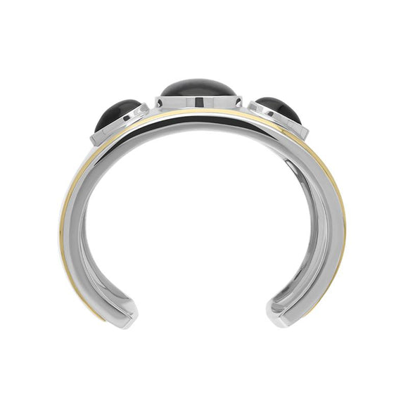 00099394 Sterling Silver 18ct Yellow Gold Whitby Jet Oval Pear Stone Wide Cuff Bangle, B894