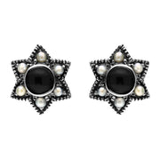 00150645 C W Sellors Sterling Silver Whitby Jet and Pearl Six Point Star Stud Earrings, E1638.