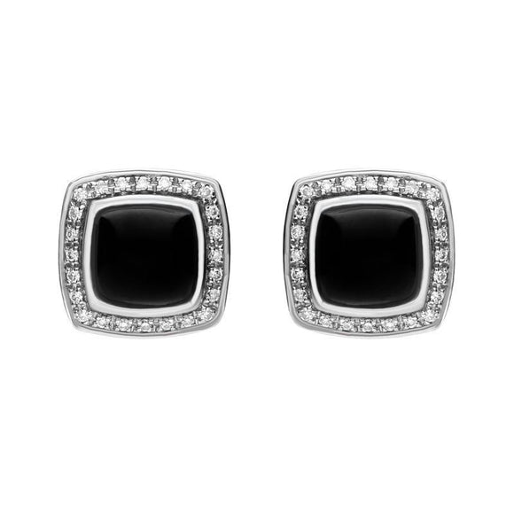 18ct White Gold Whitby Jet 0.18ct Diamond Square Stud Earrings E1334