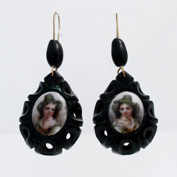 00081921 W Hamond Whitby Jet Antique Carved Teardrop Coloured Cameo Drop Earrings, EUNQ0000112.