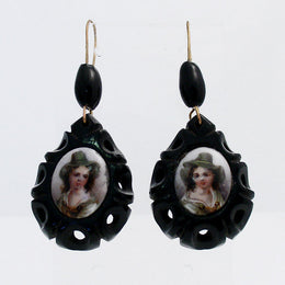 00081921 W Hamond Whitby Jet Antique Carved Teardrop Coloured Cameo Drop Earrings, EUNQ0000112.