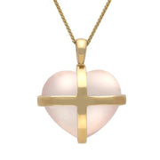 9ct Yellow Gold Rose Quartz Large Cross Heart Necklace. P1542.